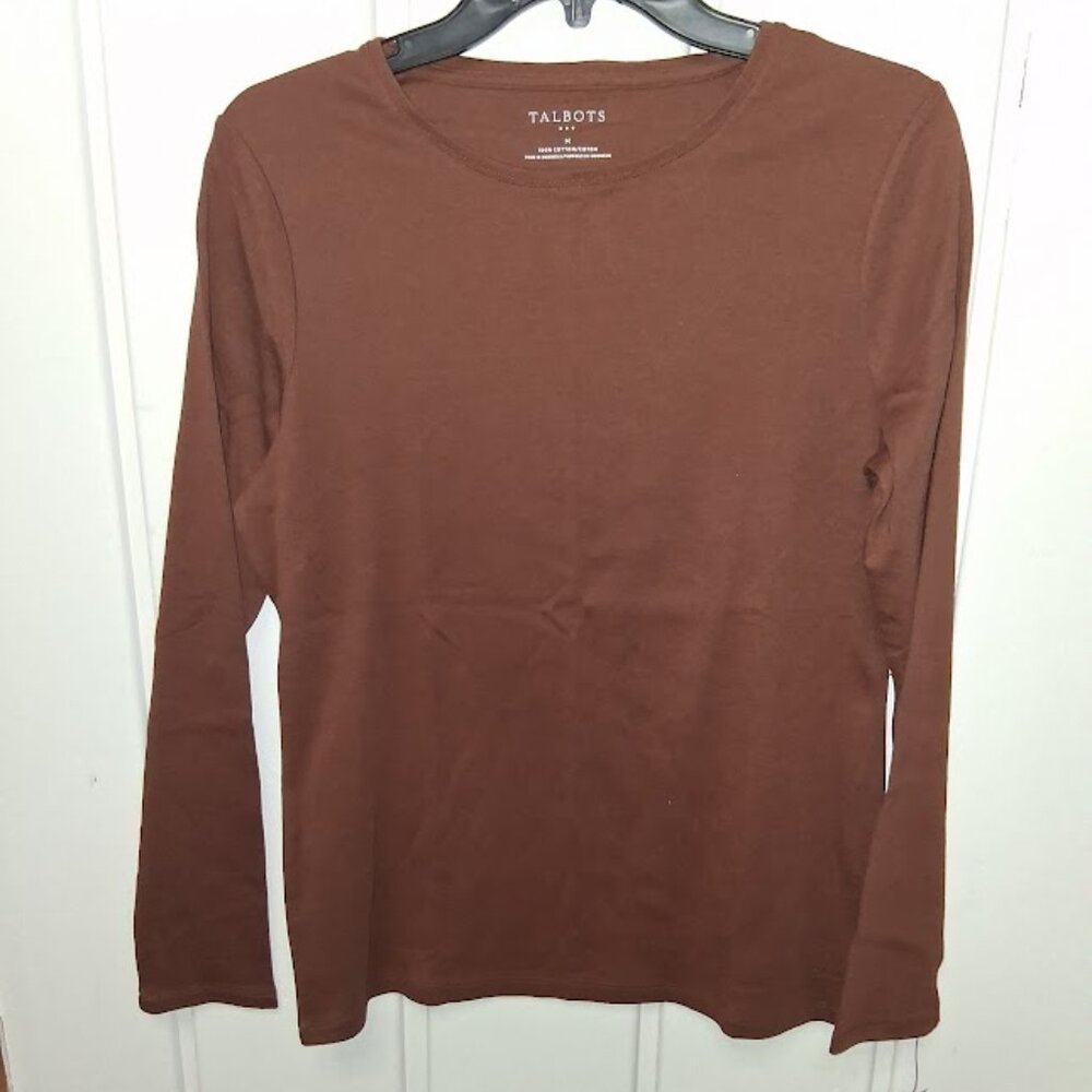 Talbots Cotton Long Sleeve Round Neck Brown Tee NWT Asst Szs